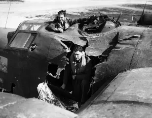 A hole in a USAF Consolidated Liberator B25 bomber after bombing mission over A hole in a USAF Consolidated Liberator B25 bomber after bombing mission over