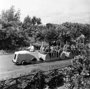 Holidaymakers on the camp train at Butlins Holiday Camp, Filey, North Yorkshire Holidaymakers on the camp train at Butlins Holiday Camp, Filey, North Yorkshire