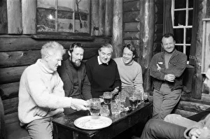 Home Secretary James Callaghan having a drink with the some members of a climbing team Home Secretary James Callaghan having a drink with the some members of a climbing team
