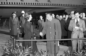 Hua Kuo Feng Chairman of the Chinese Peoples Republic greeting Margaret Thatcher British Hua Kuo Feng Chairman of the Chinese Peoples Republic greeting Margaret Thatcher British
