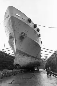 The Hull trawler Junella seen here in dry dock, Hull. Undergoing repairs after striking The Hull trawler Junella seen here in dry dock, Hull. Undergoing repairs after striking