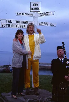 Ian Botham cricketer October 1985 With wife at John O Groats sign post piper Ian Botham cricketer October 1985 With wife at John O Groats sign post piper