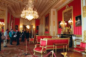 Interior view of Windsor Castle showing the Crimson Drawing Room restored after it was Interior view of Windsor Castle showing the Crimson Drawing Room restored after it was