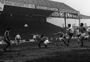 Jack Charlton Leeds centre half hammers the ball past Man City' Jack Charlton Leeds centre half hammers the ball past Man City'