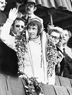 Images Dated 18th April 1971: Jackie Stewart Grand Prix driver 1971 celebrates victory in the Spanish Grand Prix