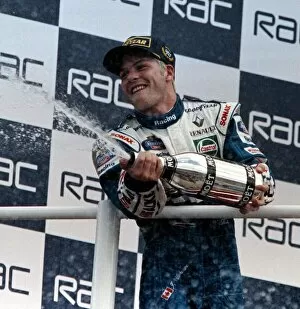Images Dated 13th July 1997: Jacques Villenueve celebrates win in British Grand Prix July 1997 at Silverstone