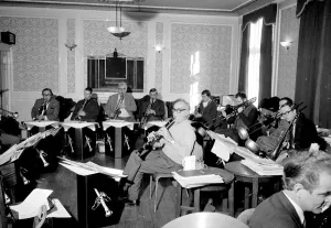 Jazz performer Benny Goodman playing his clarinet with his new British band at Jazz performer Benny Goodman playing his clarinet with his new British band at