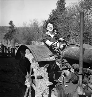 Jean Kent driving a tractor down on farm at Hartfield. March 1948 O12247 Jean Kent driving a tractor down on farm at Hartfield. March 1948 O12247
