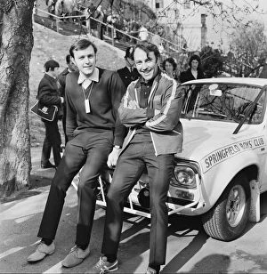 Images Dated 19th April 1970: Jimmy Greaves sitting on his car at the start of the World Cup Rally at Wembley