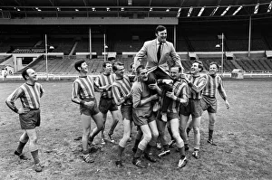 Jimmy Hill pictured being lifted up by a football team. 30th July 1968 Jimmy Hill pictured being lifted up by a football team. 30th July 1968