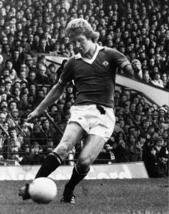 Jimmy Nicholl, Manchester United player in action, Old Trafford, Saturday 30th April 1977 Jimmy Nicholl, Manchester United player in action, Old Trafford, Saturday 30th April 1977