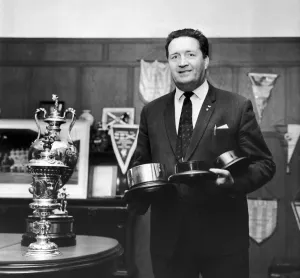 Jock Stein proudly shows off his Celtic trophy cabinet. March 1972 Jock Stein proudly shows off his Celtic trophy cabinet. March 1972