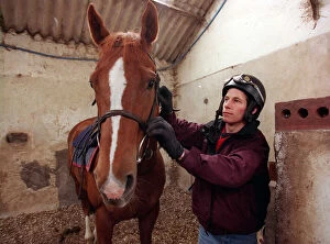 Images Dated 1st June 1988: Jockey John McAuley cleaning bridle of the horse Serious Hurry in stables, June 1988