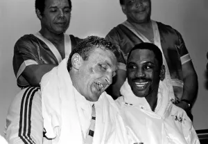 Joe Bugner with Marvis Frazier pose for the press following their bout at Atlantic City Joe Bugner with Marvis Frazier pose for the press following their bout at Atlantic City