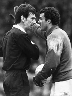 Images Dated 26th April 1980: John Burridge Crystal Palace goalkeeper stands face to face with referee John Martin