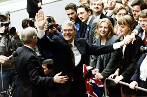 Images Dated 10th April 1992: John Major Prime Minister greets fans outside 10 Downing Street 1992