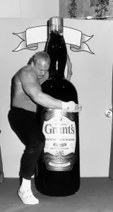 Jon Pal Sigmarrson with Worlds biggest whisky bottle 1987 Jon Pal Sigmarrson with Worlds biggest whisky bottle 1987