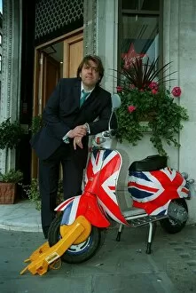 Jonothan Ross TV Presenter August 1998 With his Union Jack painted Vespa Scooter