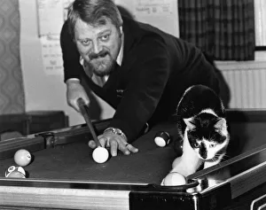 Images Dated 8th February 1985: Judd the cat playing pool with landlord Brian Nevin at the pub in Eckington, Derbyshire