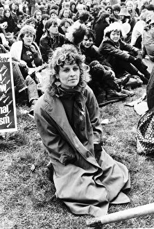 Julie Christie Actress sitting on grass at Greenham Common to Ban the Bomb April