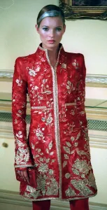 Images Dated 9th July 1996: Kate Moss models Chanel at the Paris Fashion Show Red Chinese style long sleeved