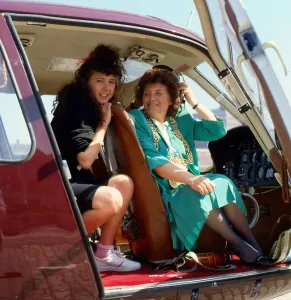 Katie Murphy with Susan Baird in helicopter May 1988 Katie Murphy with Susan Baird in helicopter May 1988