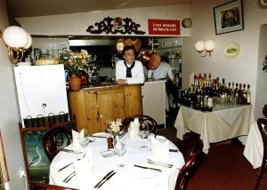 Keith Floyd TV chef cook and presenter stands in the kitchens of The Maltsters Arms near Keith Floyd TV chef cook and presenter stands in the kitchens of The Maltsters Arms near