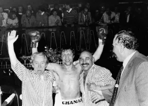 Ken Buchanan celebrates winning match with his arms in the air Ken Buchanan celebrates winning match with his arms in the air