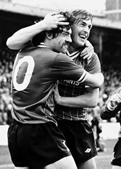 Images Dated 2nd April 1984: Kenny Dalglish footballer Liverpool FC congratulates celebrates with John Wark 1984
