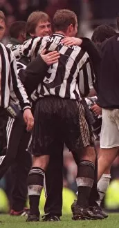 Images Dated 7th April 1998: Kenny Dalglish Newcastle manager April 1997 hugging Alan Shearer who had scored