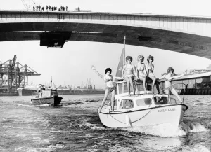 Kingston Bridge Glasgow March 1970 River Clyde Bikini clad girls on motor Kingston Bridge Glasgow March 1970 River Clyde Bikini clad girls on motor