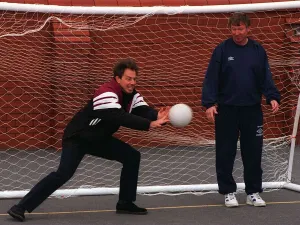 Labour leader Tony Blair keeps goal during a visit to a football training session at Labour leader Tony Blair keeps goal during a visit to a football training session at