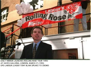 Labour Leader Tony Blair launches Labours Rolling Rose tour of 1995 Labour Leader Tony Blair launches Labours Rolling Rose tour of 1995