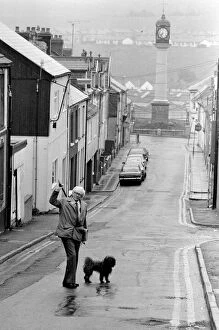 Labour Party Leader Michael Foot walks his dog Dizzie in Tredegar