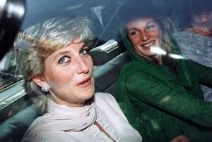 Images Dated 21st February 1996: A laughing Princess Diana leaves Lahore Airport in Pakistan with her friend Jemima Khan