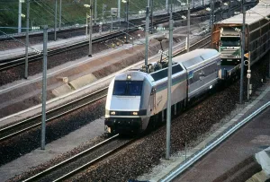 Le Shuttle from the Channel Tunnel at Sangatte near Calais France Circa 1992 Le Shuttle from the Channel Tunnel at Sangatte near Calais France Circa 1992
