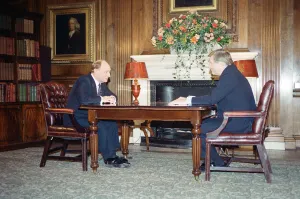 Images Dated 30th March 1992: Leader of the Labour Party Neil Kinnock is interviewed by David Dimbleby ahead of