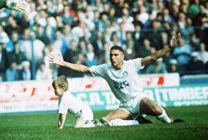 Images Dated 23rd October 1989: Leeds United footballer Vinnie Jones appeals after tackling the match mascot