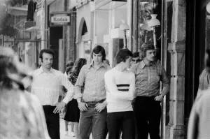 Images Dated 15th May 1973: Leeds United players leave their hotel in Salonike, Greece as they take a walk around