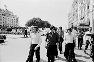 Images Dated 15th May 1973: Leeds United players leave their hotel in Salonike, Greece as they take a walk around