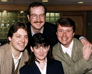 left to right Mark Goodier Emma Freud Steve Wright and Nicky Campbell all DJs fot left to right Mark Goodier Emma Freud Steve Wright and Nicky Campbell all DJs fot