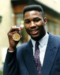 Lennox Lewis boxer holding gold medal April 1989 Lennox Lewis boxer holding gold medal April 1989