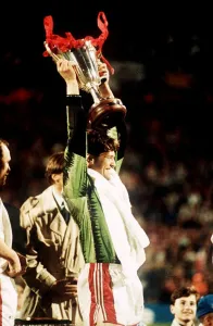 Les Sealey Manchester United goalkeeper holding aloft the European Cup Winners Cupafter Les Sealey Manchester United goalkeeper holding aloft the European Cup Winners Cupafter