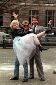 Images Dated 5th March 1990: Leslie Crowther TV Presenter of Stars in Their Eyes with George Michael lookalike