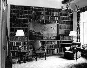 00363 Gallery: The library at Chartwell House. Inset in the bookcase is a model of the Mulberry