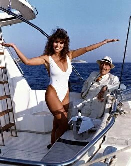 Linda Lusardi Model / TV Presenter on boat with Actor Christopher Lee in September 1988