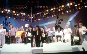 Live Aid concert at Wembley Stadium. All the stars on the stage at the end for Live Aid concert at Wembley Stadium. All the stars on the stage at the end for