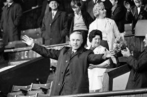 Images Dated 1st May 1971: Liverpool manager Bill Shankly acknowledges the cheers of the Kop ahead of his side