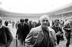Liverpool manager Bill Shankly at Wembley Stadium to inspect the pitch ahead of his