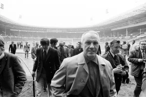 Liverpool manager Bill Shankly at Wembley Stadium to inspect the pitch ahead of his Liverpool manager Bill Shankly at Wembley Stadium to inspect the pitch ahead of his